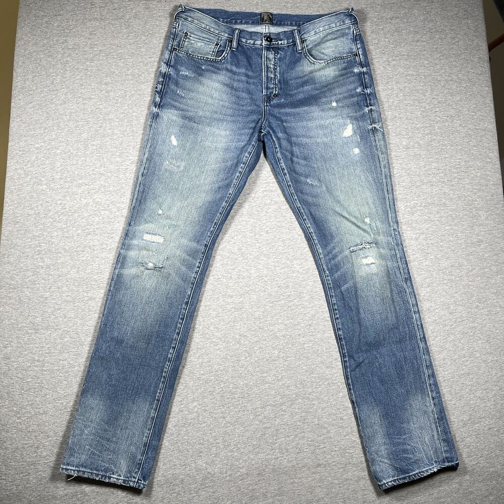 Prps Jeans Mens 36x34 Blue Light Wash Slim Straight Distressed Button Fly